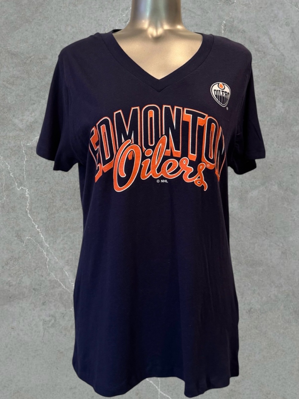 2 for $30 | NHL Edmonton Oilers Women's V-Neck Tee in Navy and Orange